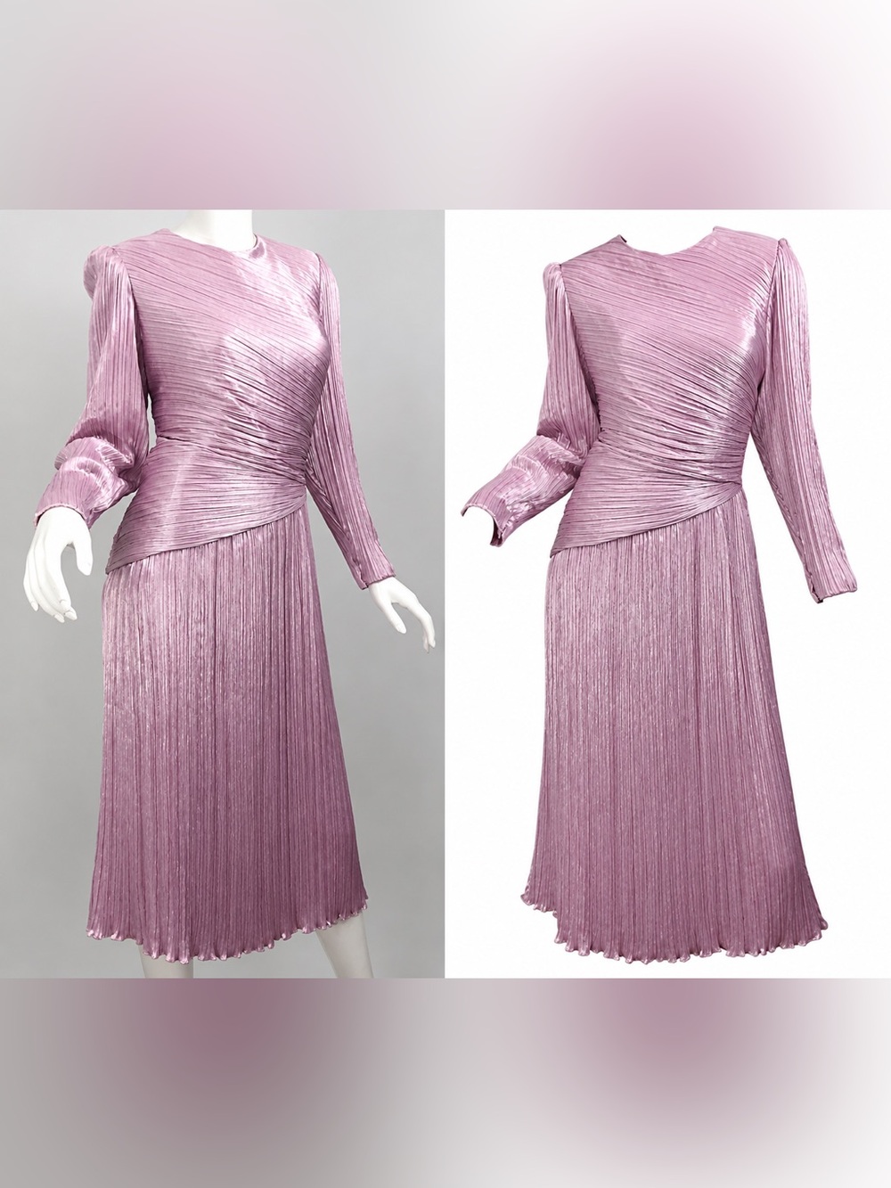 1980s Morton Myles Size 12 Pink / Purple Fortuny Pleated Silk 80s Dress
